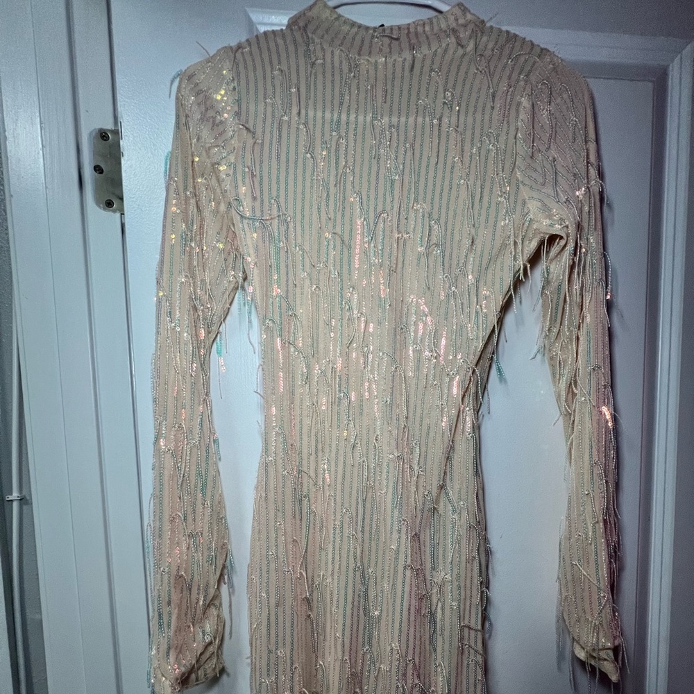 Midi nude dress with iridescent fringe with zipper on the back